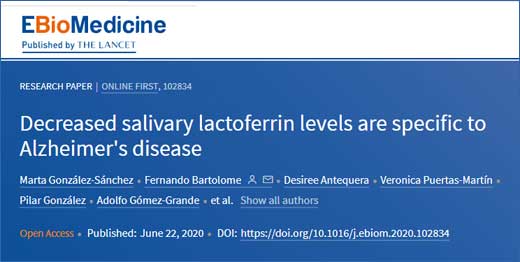 Decreased salivary lactoferrin levels are specific to Alzheimer's disease